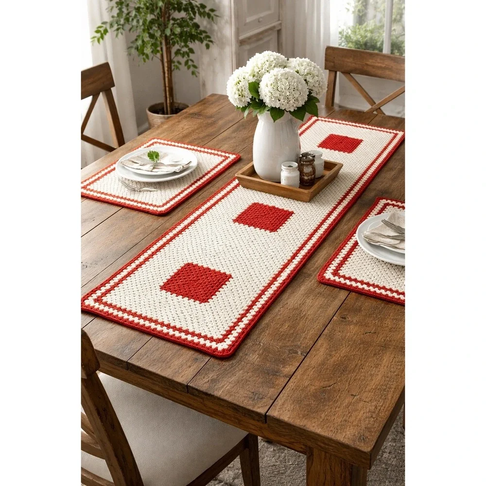 Hand Crocheted Table Runner & 2‎ Placemats Set Red Cream Cottagecore Farmhouse